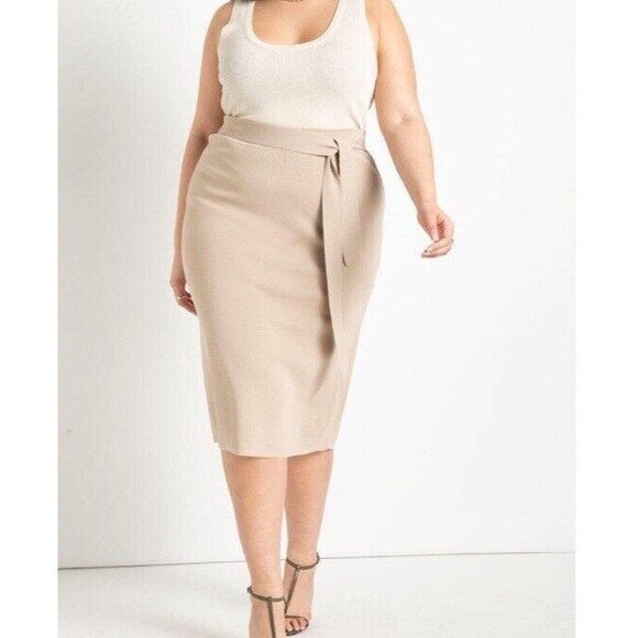 Eloquii Tie Waist Midi Skirt Plus Size 18/20 Oxford Tan Knit Bodycon High Waist - Picture 2 of 12